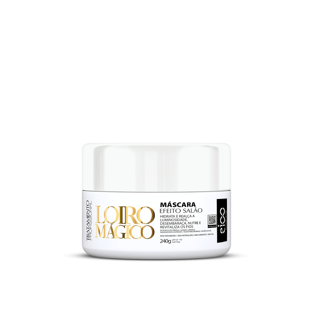 Máscara Capilar Eico Loiro Mágico 240g - pote branco com rótulo dourado