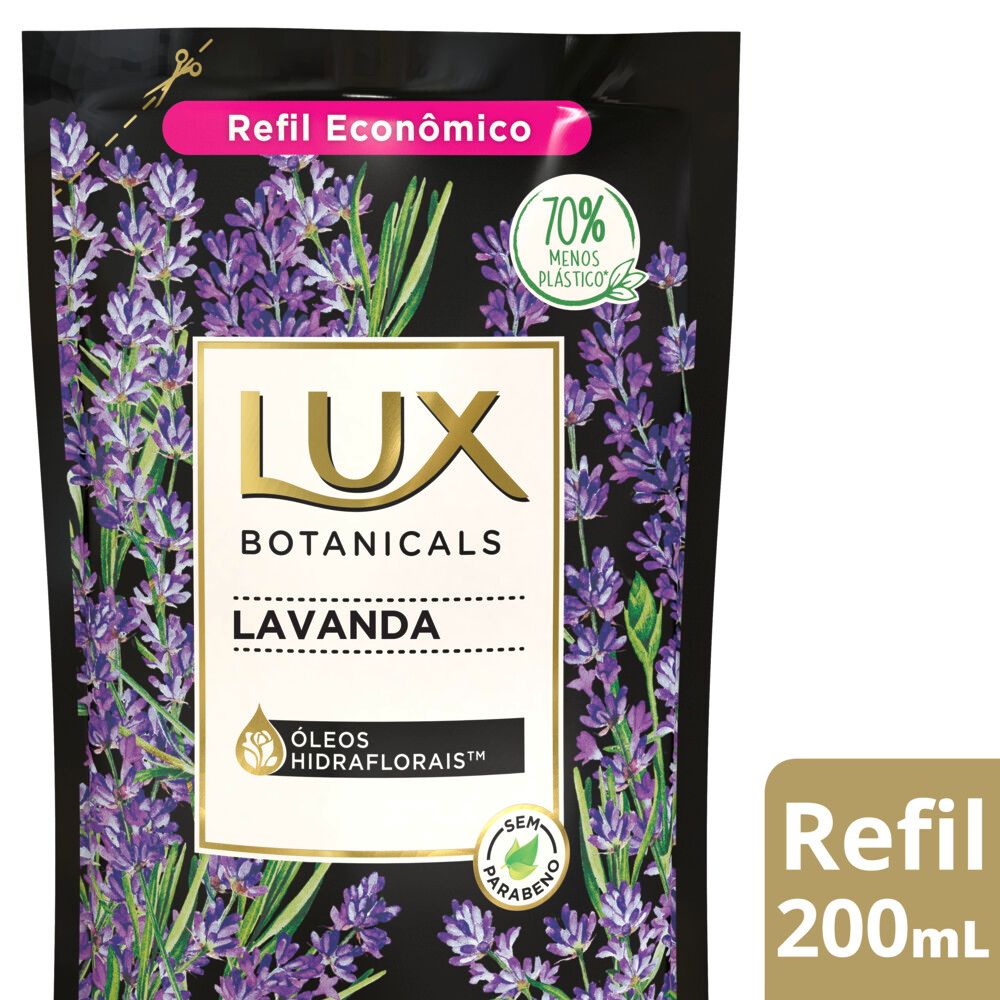 Detalhe do rótulo Lux Botanicals Lavanda destacando óleos hidraflorais e selo sustentavel