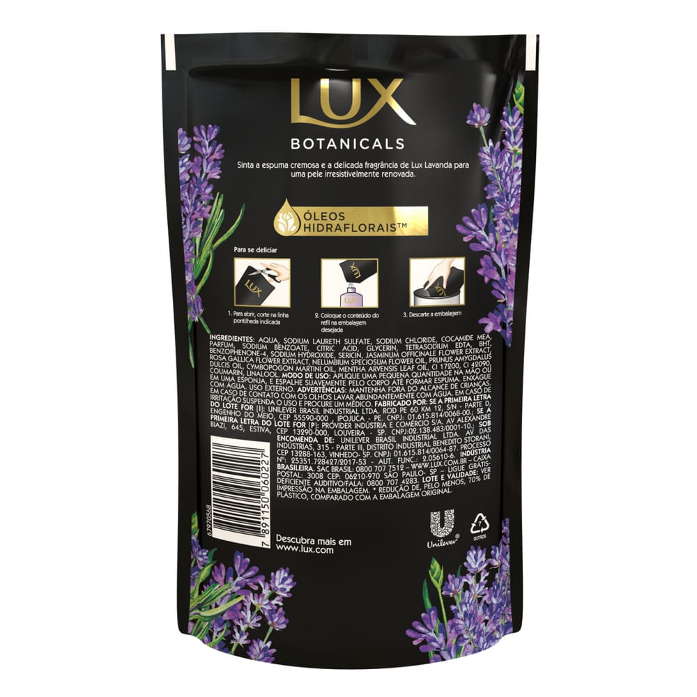 Verso do refil Lux Botanicals Lavanda com ingredientes e instruções de uso