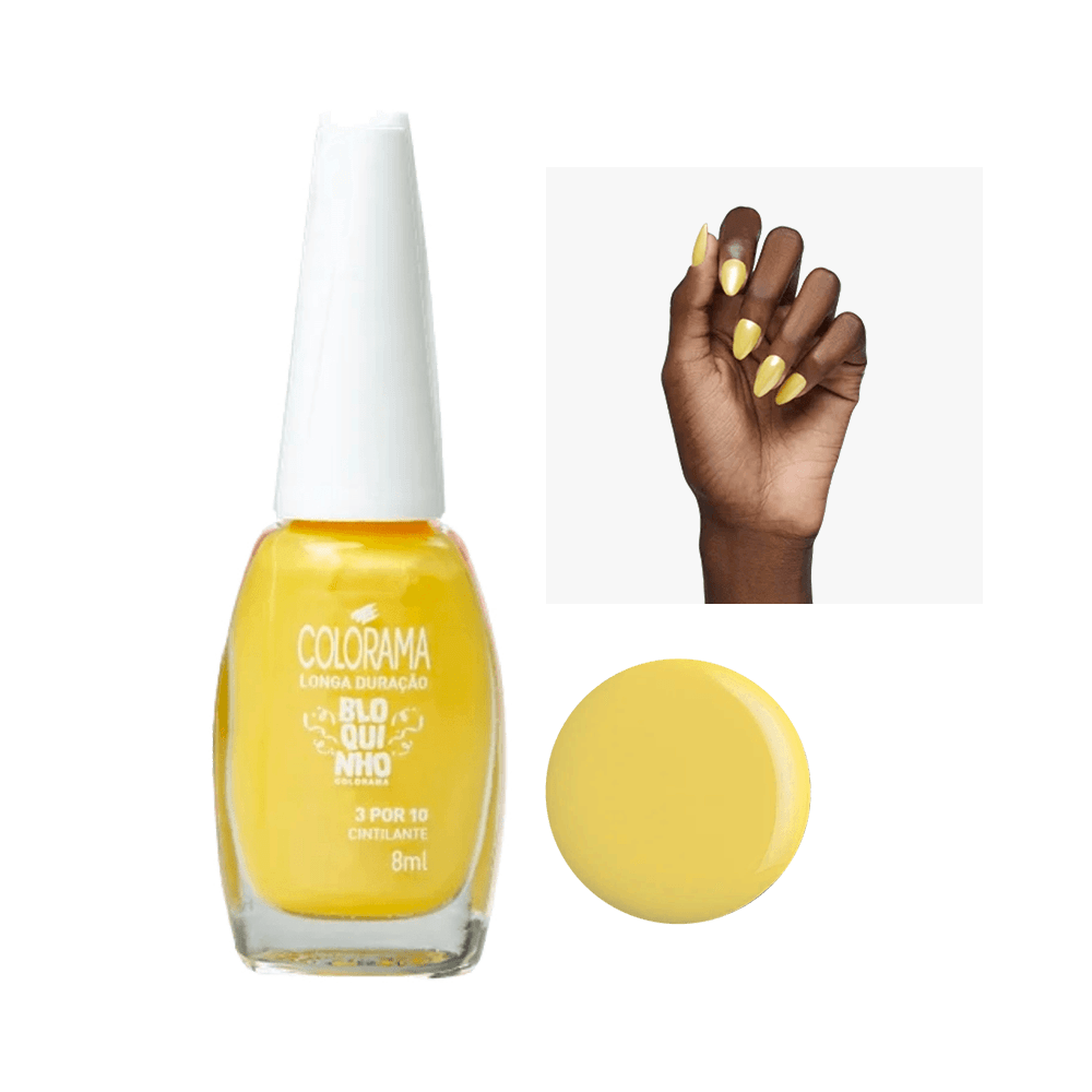 Esmalte Colorama Bloquinho 3 por 10 amarelo cintilante frasco transparente com amostra da cor e unhas pintadas