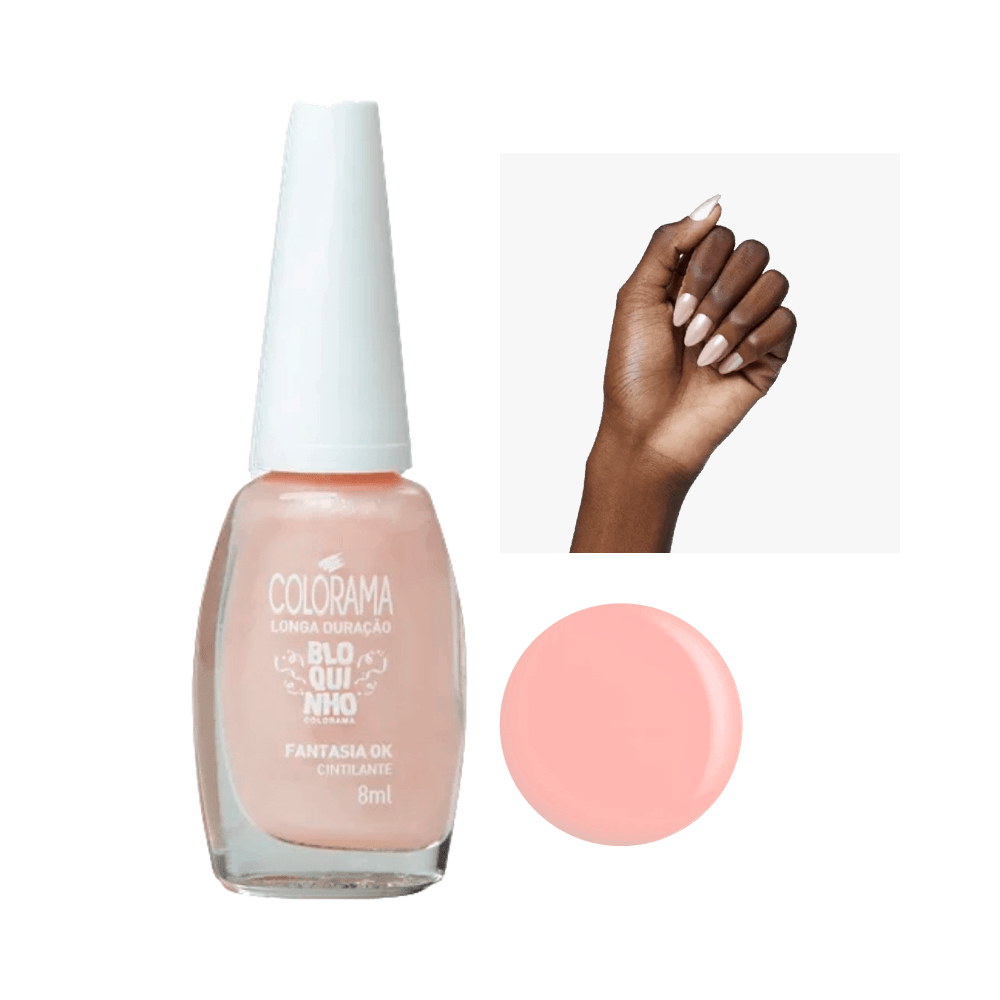Esmalte Colorama Bloquinho Fantasia Ok em frasco 8ml e amostra da cor em unhas