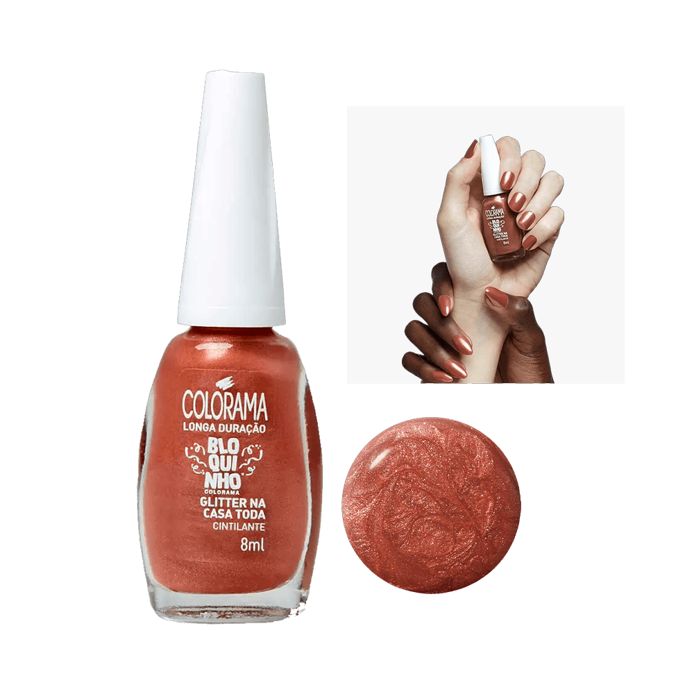 Esmalte Colorama Bloquinho Glitter na Casa Toda 8ml - vidro mostrando cor cobre cintilante