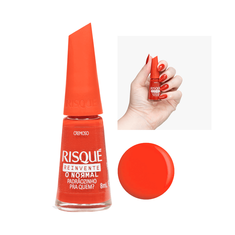 Esmalte Risqué Reinvente Vermelho Cremoso Padrãozinho pra Quem? - frasco e amostra da cor