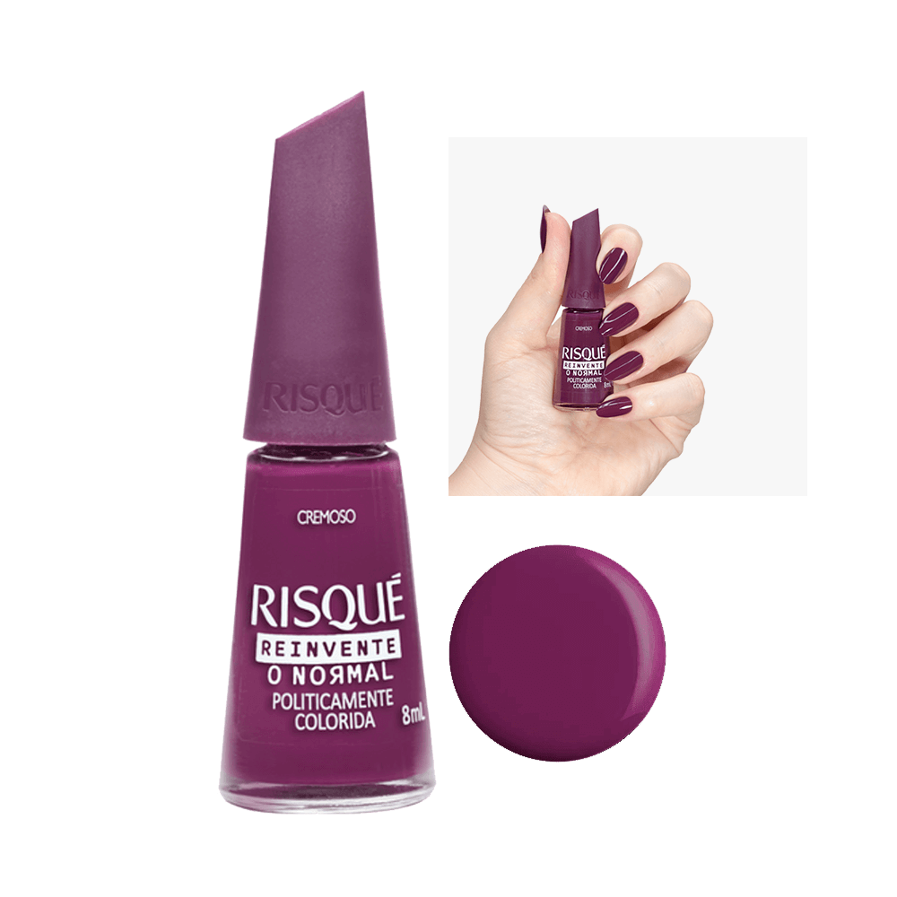 Esmalte Risqué Reinvente Roxo Cremoso 8ml - frasco com tampa roxa e amostra da cor