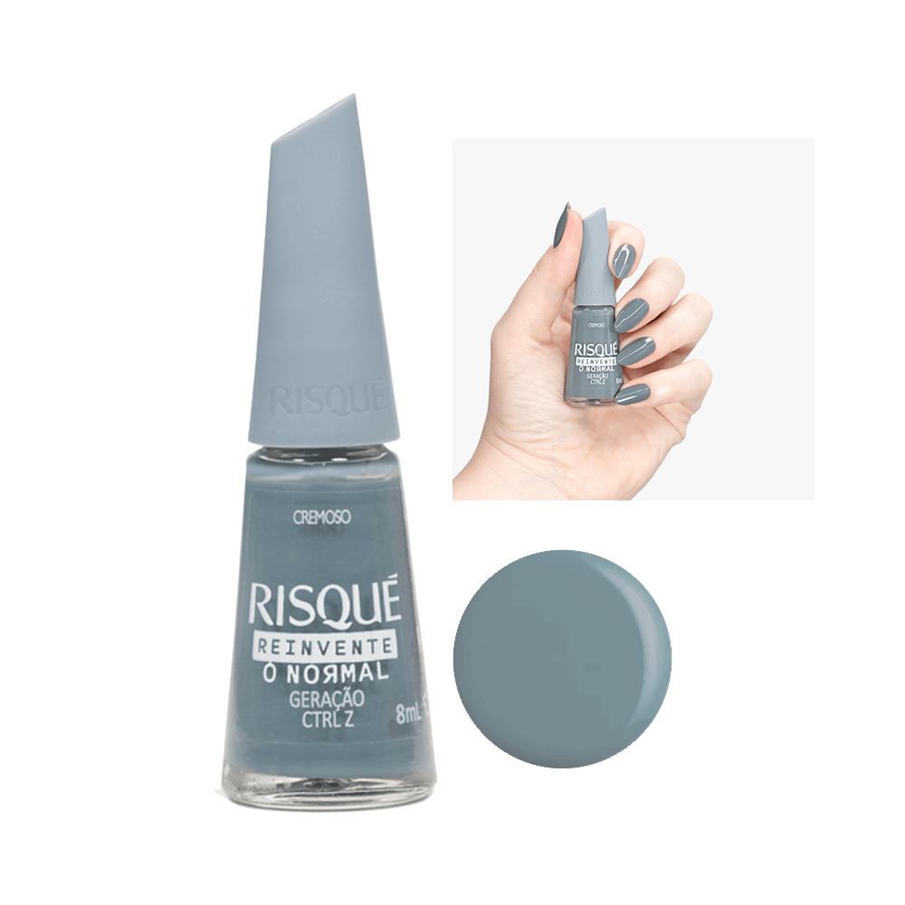 Esmalte Risqué Reinvente Cinza Cremoso Geração Ctrl Z mostrando frasco e amostra da cor