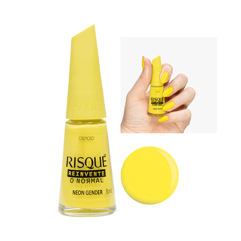 Esmalte Risqué Reinvente Amarelo Cremoso Neon Gender frasco com tampa amarela e unhas esmaltadas
