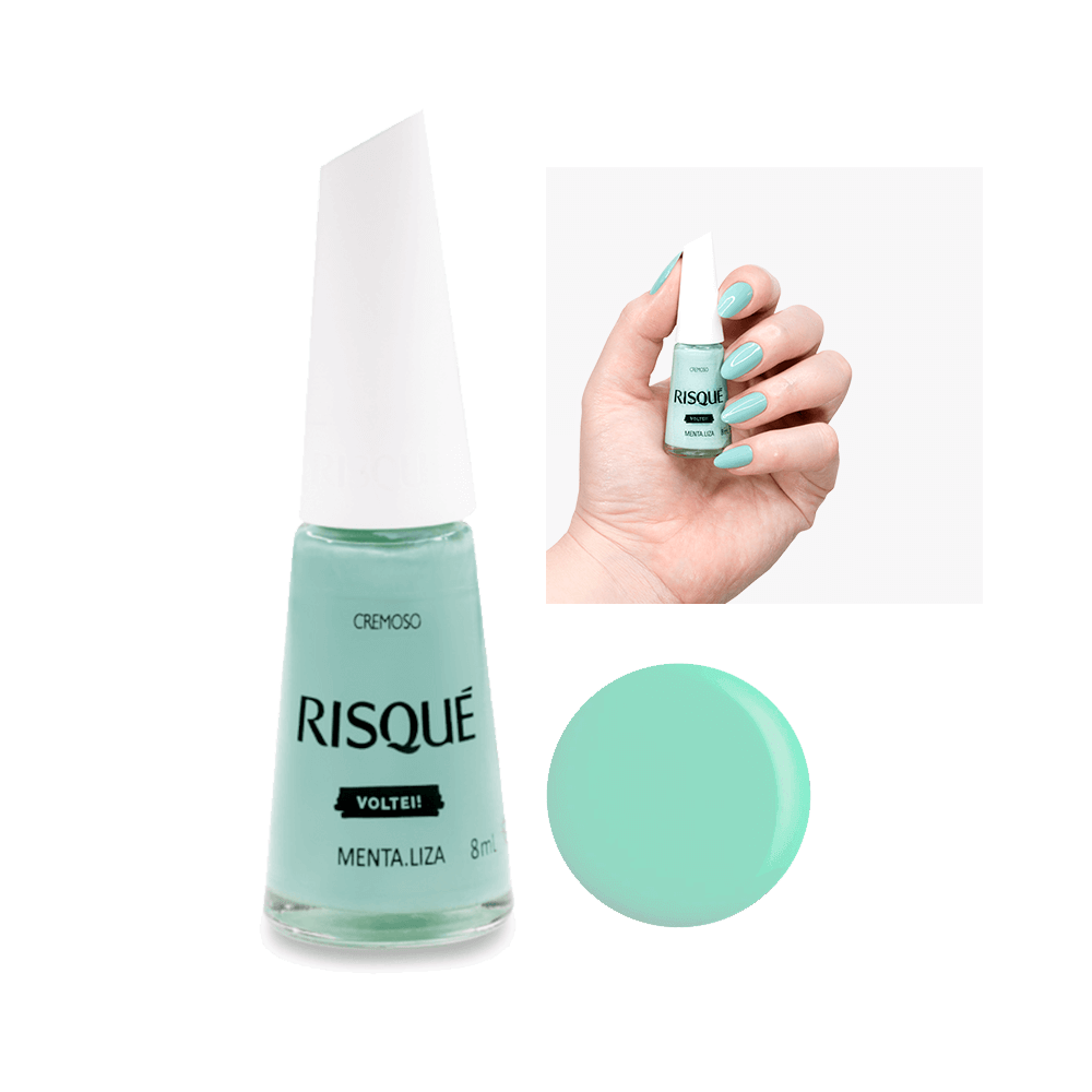 Esmalte Risqué Menta.liza Cremoso em frasco com unhas pintadas exibindo a cor verde menta