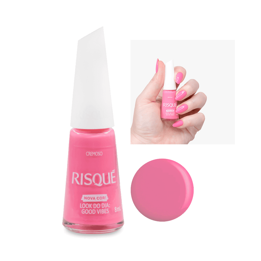 Esmalte Risqué Look do Dia Good Vibes 8ml - tom rosa cremoso com frasco translúcido e tampa branca
