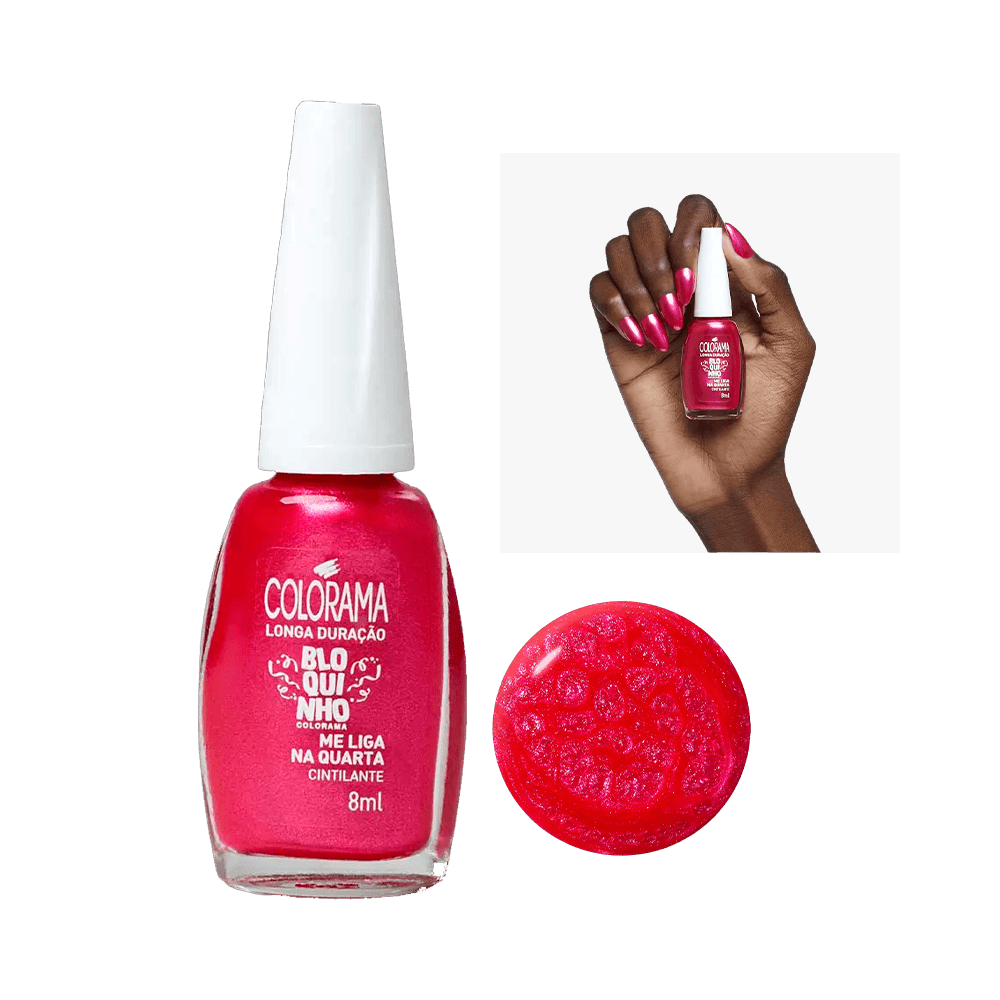 Esmalte Colorama Bloquinho Me Liga na Quarta frasco e unhas pintadas, tom rosa cintilante