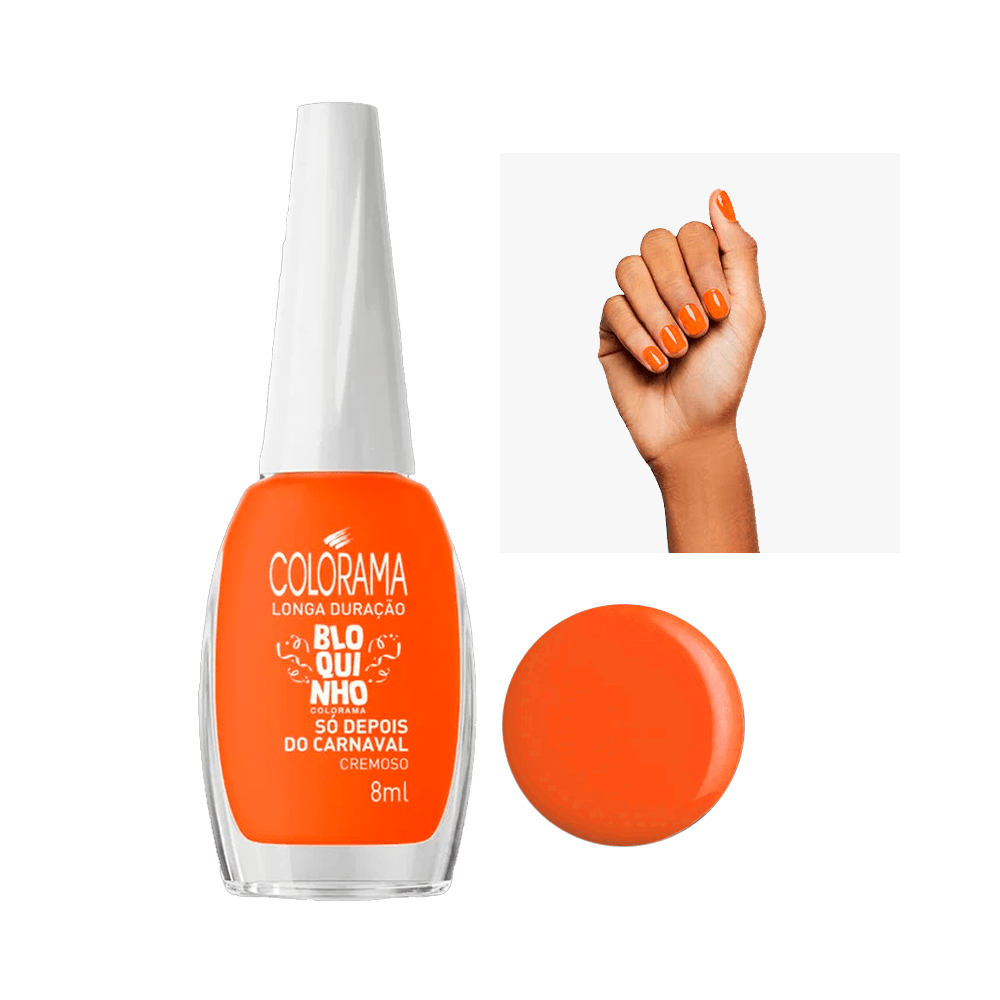 Esmalte Colorama Bloquinho Só Depois do Carnaval 8ml - frasco e unhas pintadas na cor laranja