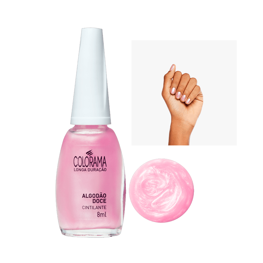 Esmalte Colorama Cintilante Algodão Doce frasco e unhas pintadas, rosa perolado