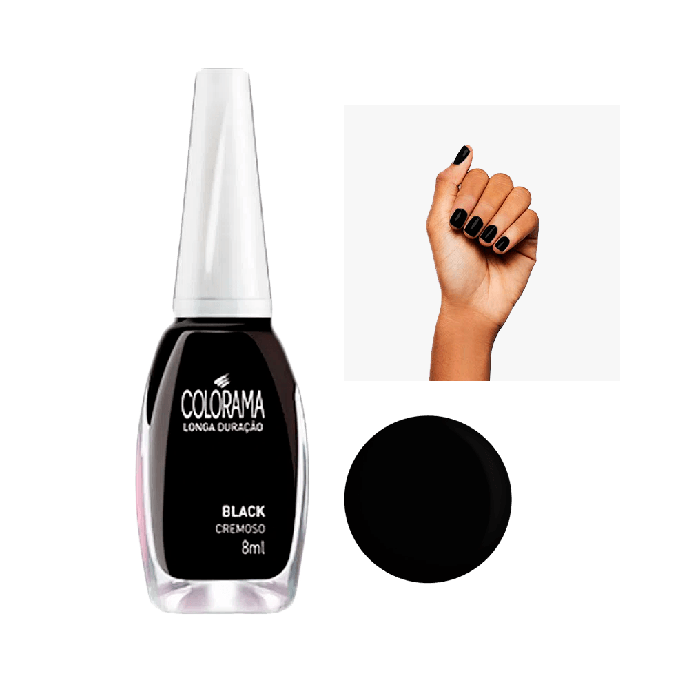 Esmalte Colorama Cremoso Black 8ml - frasco e unhas pintadas