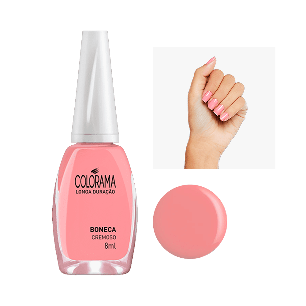 Esmalte Colorama Cremoso Boneca em frasco, tom rosa claro com amostra da cor e mão com unhas pintadas