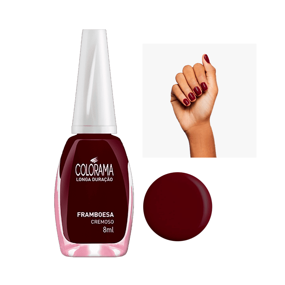 Esmalte Colorama Cremoso Framboesa - frasco com rótulo e tampa branca, tom framboesa