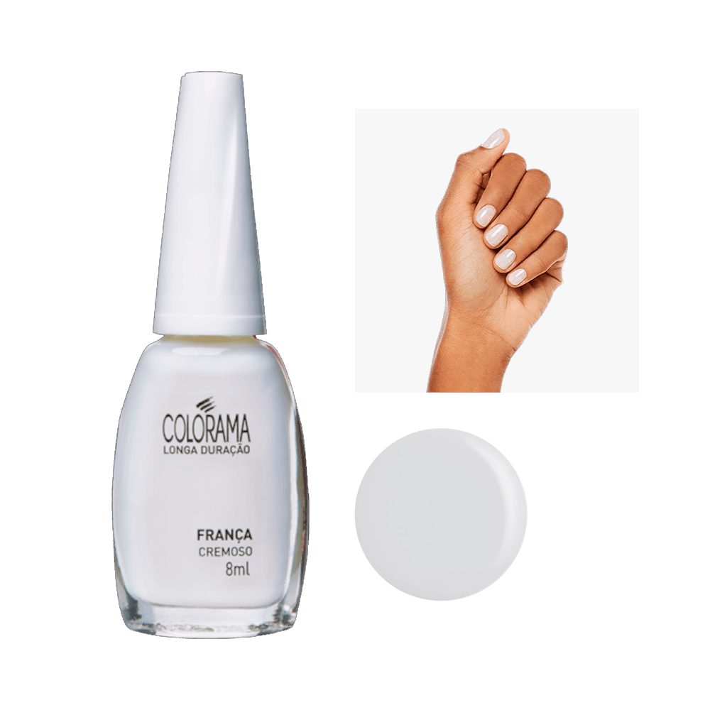 Esmalte Colorama Cremoso França vidro transparente com tampa branca e unhas pintadas