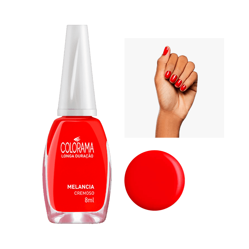 Esmalte Colorama Cremoso Melancia 8ml - frasco e amostra da cor nas unhas