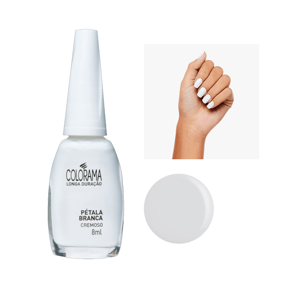Frasco de Esmalte Colorama Pétala Branca com amostra da cor e unha pintada