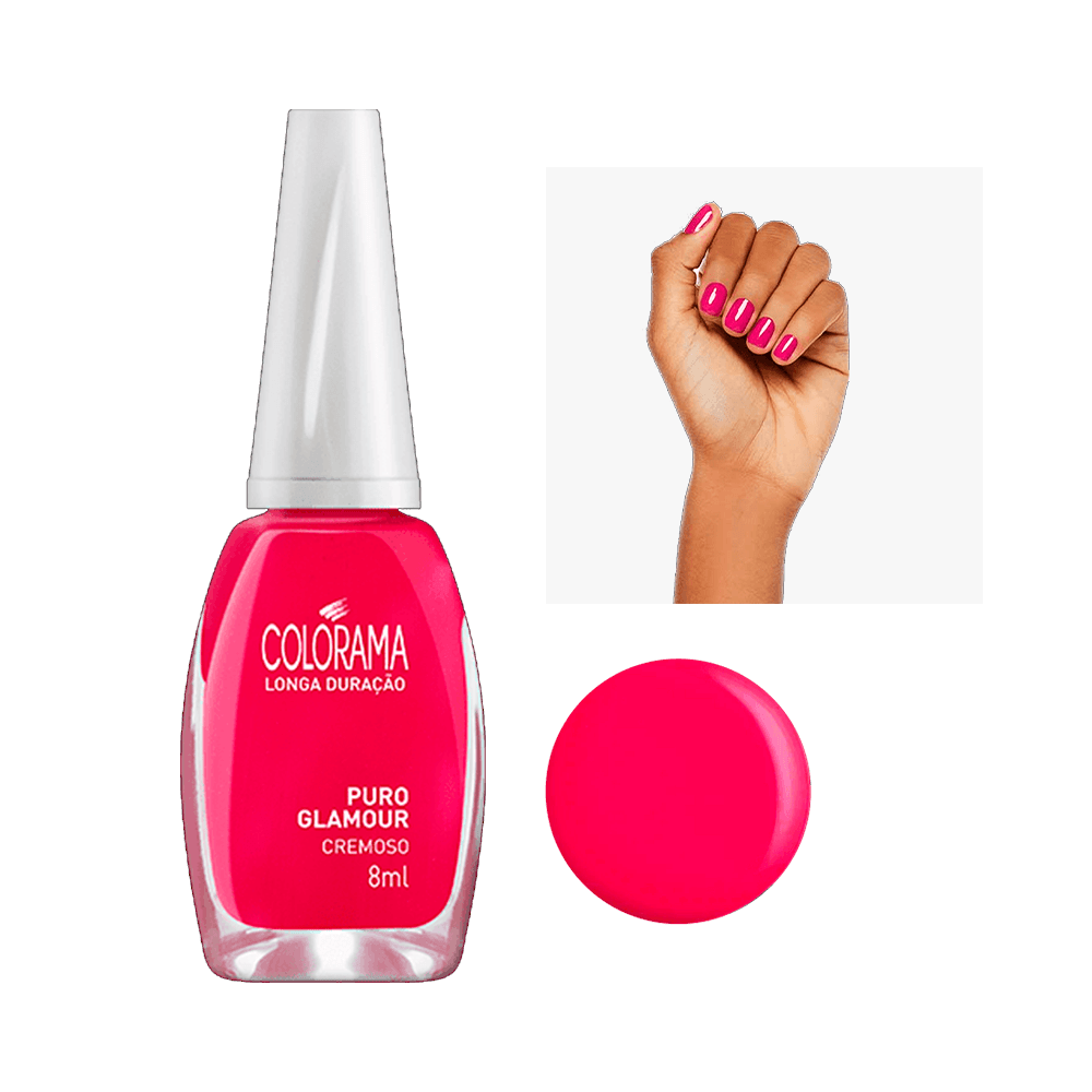 Esmalte Colorama Puro Glamor frasco e amostra da cor rosa vibrante