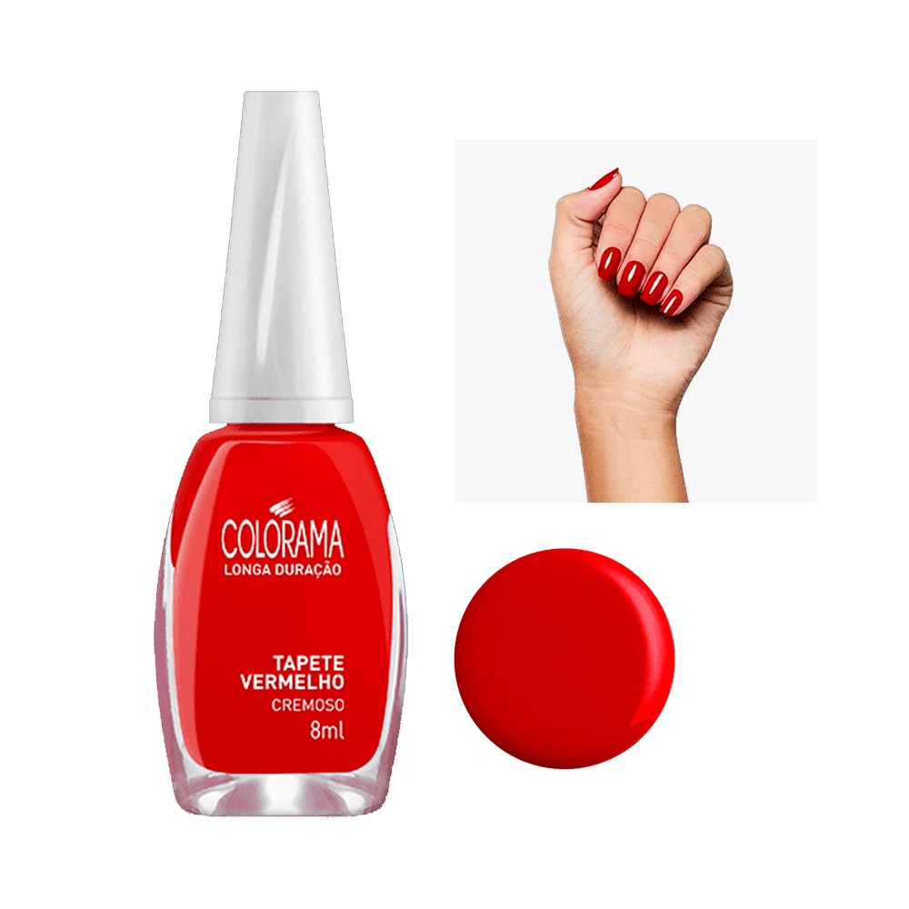 Esmalte Colorama Cremoso Tapete Vermelho 8ml com amostra da cor e unha pintada