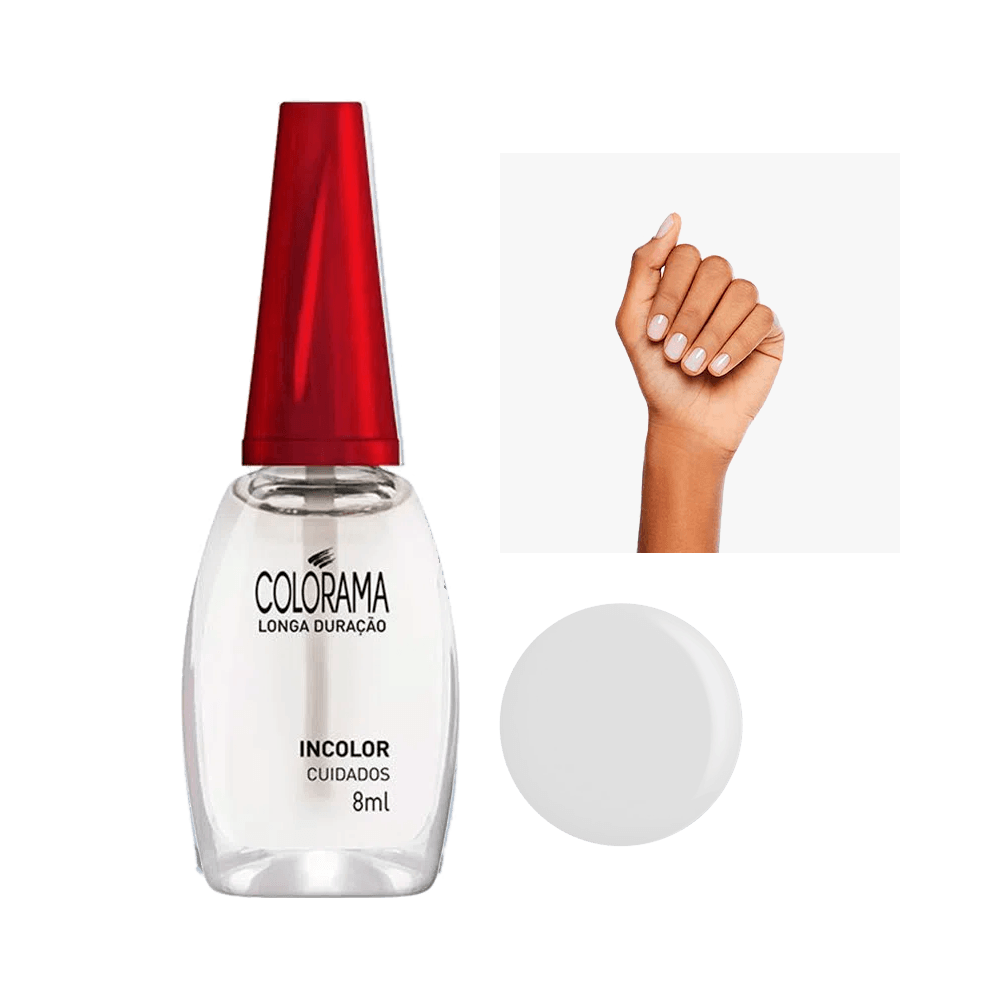 Esmalte Colorama Cuidados Incolor 8ml frasco com tampa vermelha e unhas com acabamento transparente