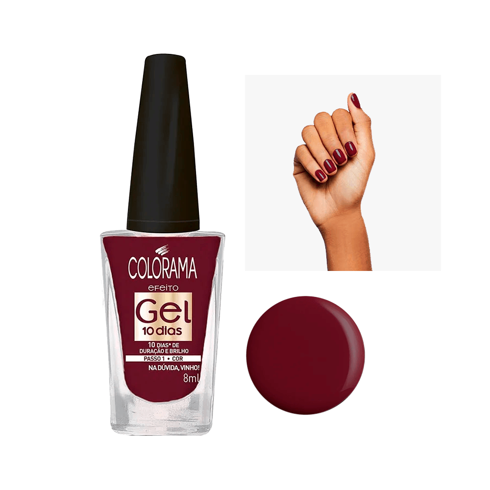 Esmalte Colorama Efeito Gel Na Dúvida Vinho - frasco e amostra de cor