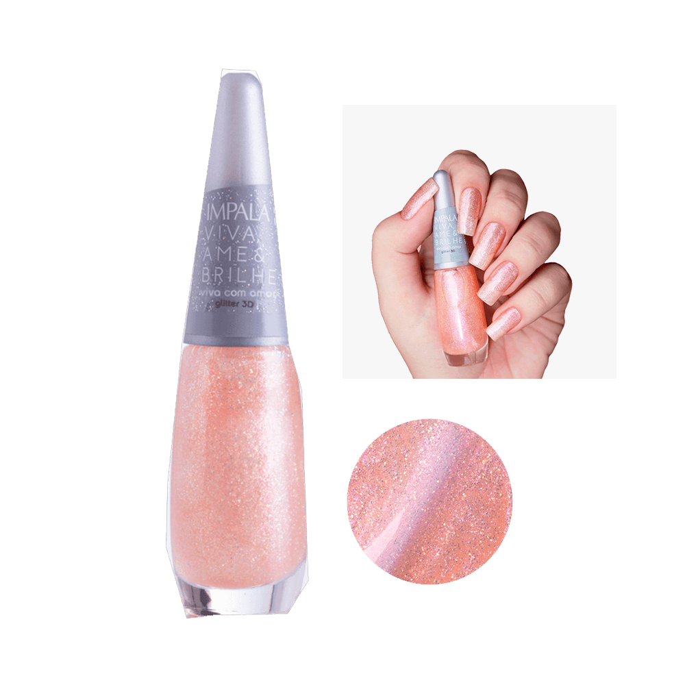 Esmalte Impala Viva Ame & Brilhe Viva com Amor frasco e unhas com acabamento glitter rosa