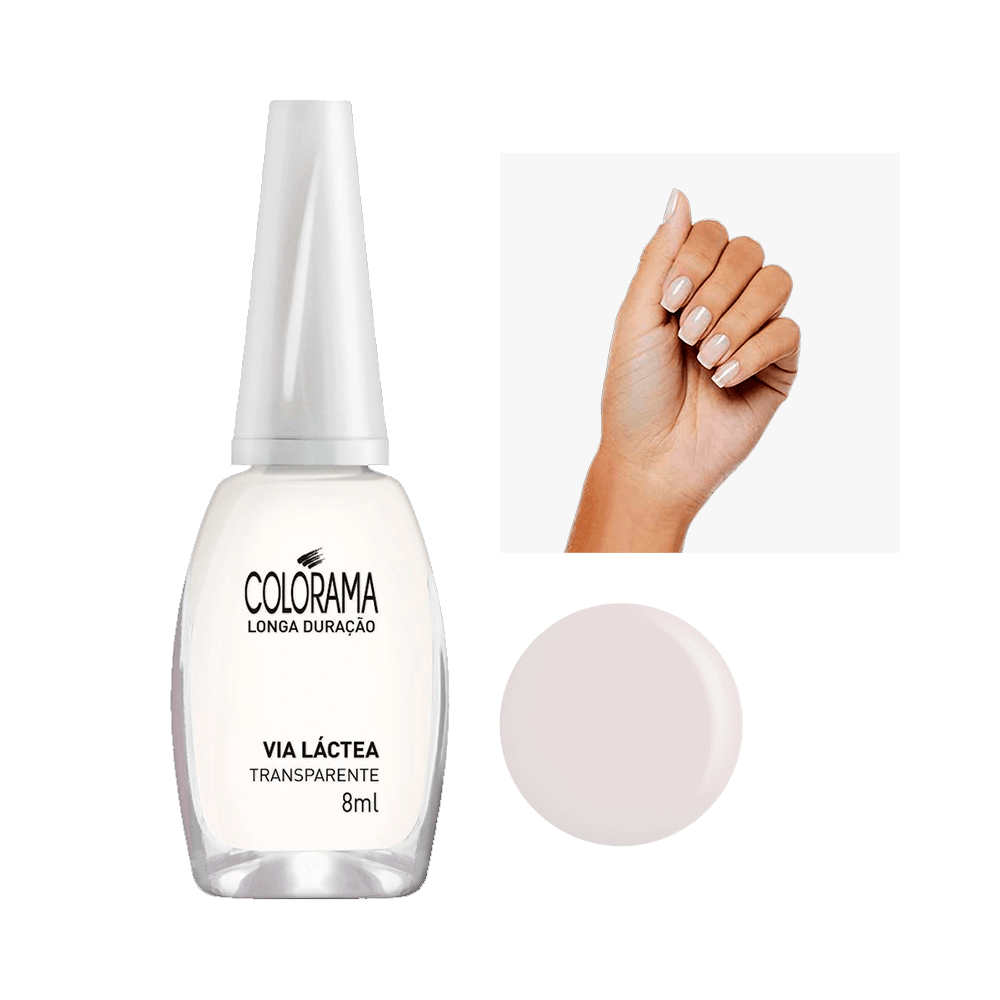 Esmalte Colorama Natural Via Láctea frasco com tampa branca e mão feminina mostrando aplicação
