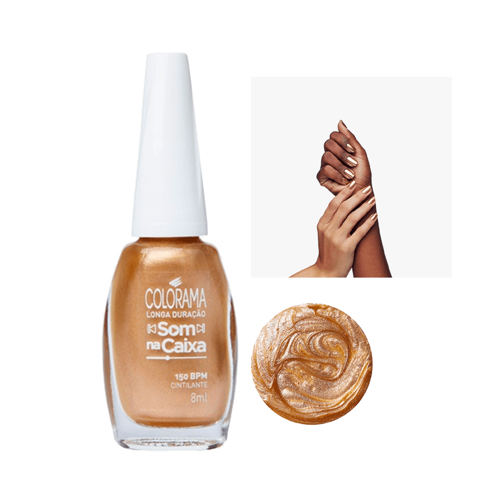 Esmalte Colorama Som Na Caixa 150 BPM dourado cintilante, frasco e amostra nas unhas