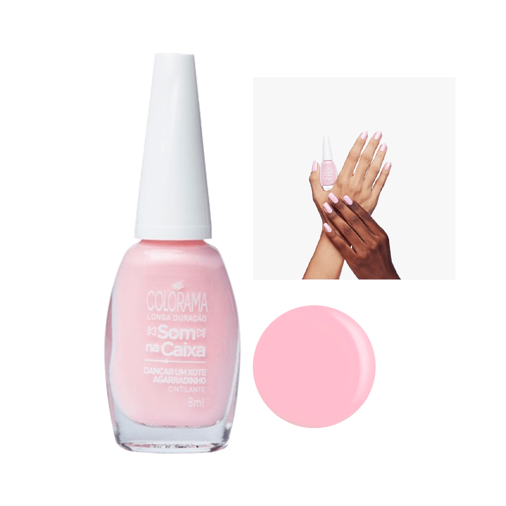 Esmalte Colorama Som Na Caixa Dançar um Xote Agarradinho - frasco e amostra da cor rosa cintilante