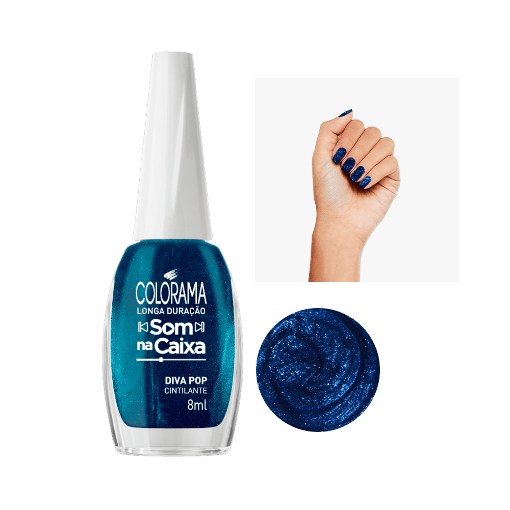 Esmalte Colorama Som Na Caixa Diva Pop 8ml - frasco e amostra da cor azul cintilante
