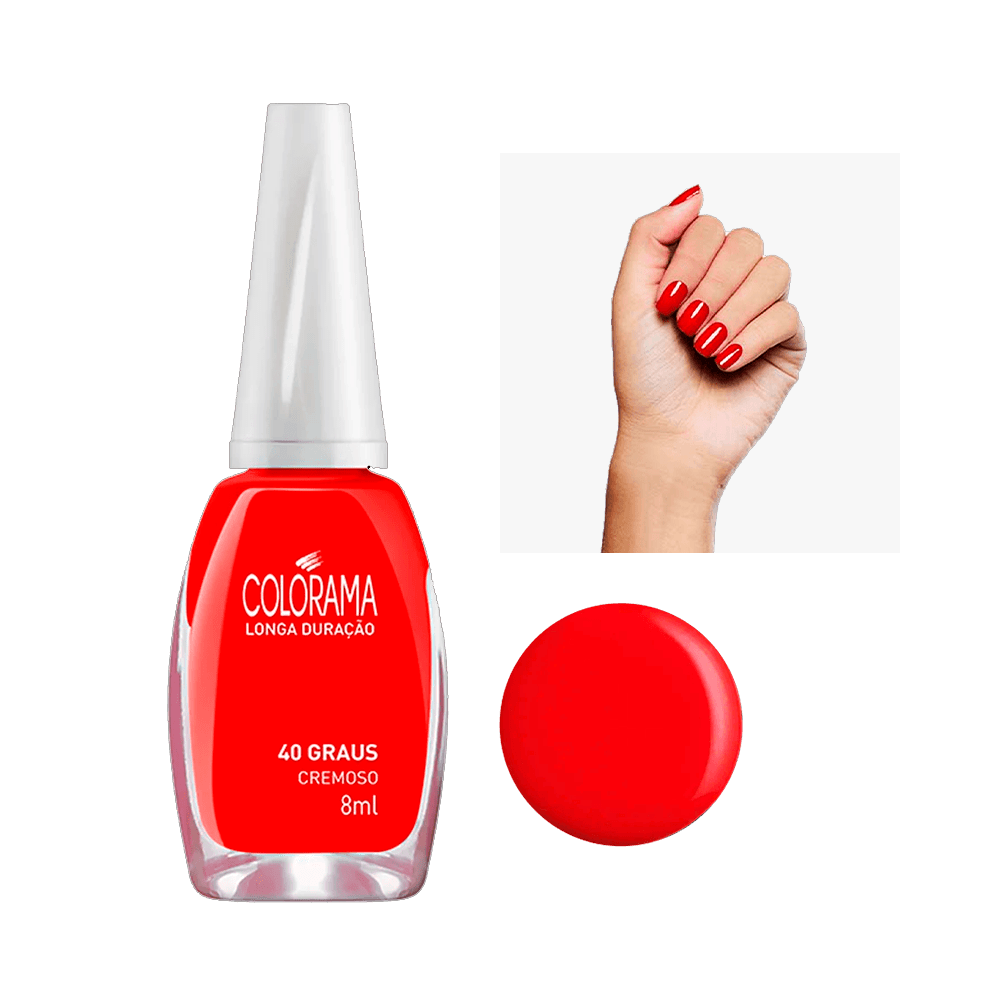 Esmalte Colorama Verniz & Cor 40 Graus com frasco, mão e círculo de cor representando a tonalidade