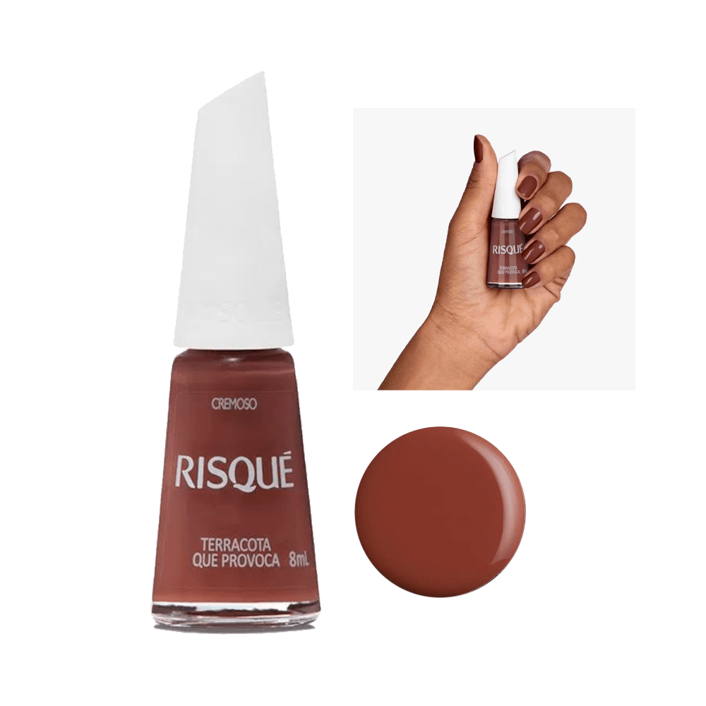 Esmalte Risqué Coleção Nudes Tom do Meu Tom - frasco com tampa branca e círculo com cor terracota