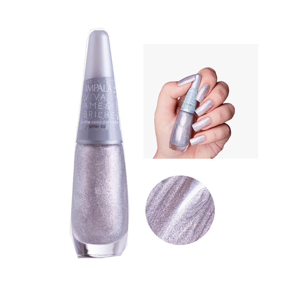 Esmalte Impala Viva Ame & Brilhe Como Diamante frasco com glitter 3D prateado em fundo preto