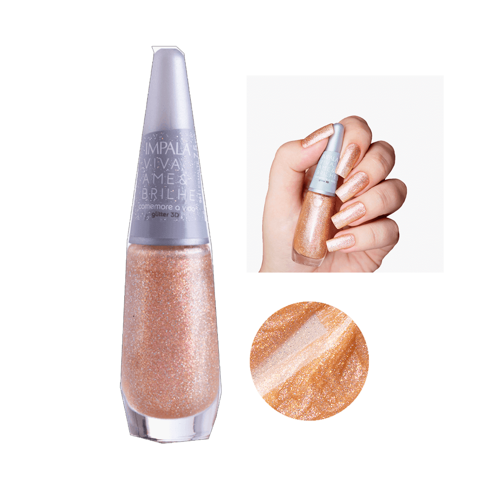 Frasco do Esmalte Impala Viva Ame & Brilhe cor dourada glitter 3D com mão segurando mostrando o efeito