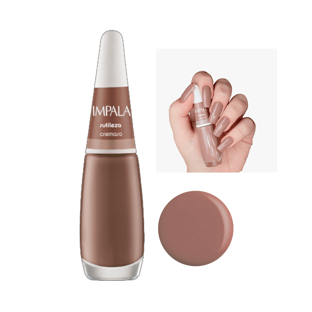 Esmalte Impala Sutileza cremoso em frasco transparente com tampa branca e amostra da cor