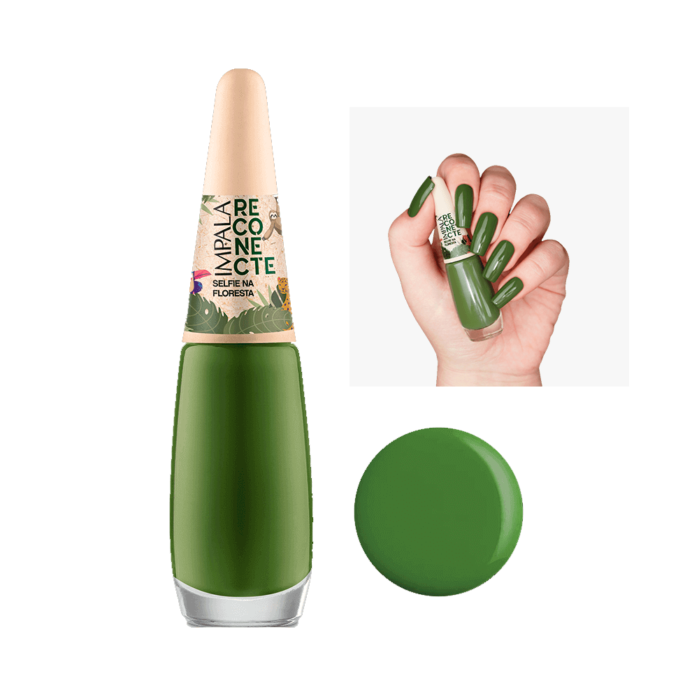 Esmalte Impala Reconecte Selfie na Floresta em tom verde cremoso com frasco transparente e tampa decorada