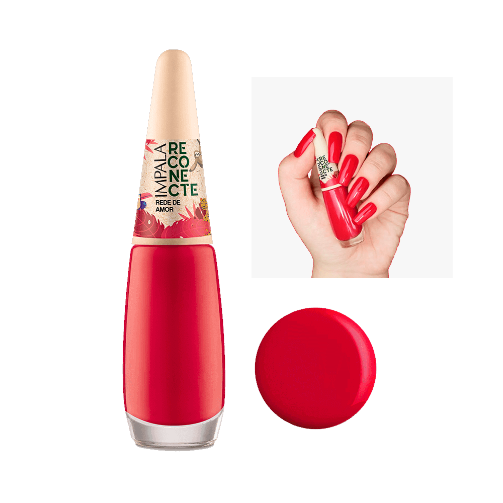 Esmalte Impala Reconecte Rede de Amor - frasco e unhas pintadas na cor vermelha cremosa