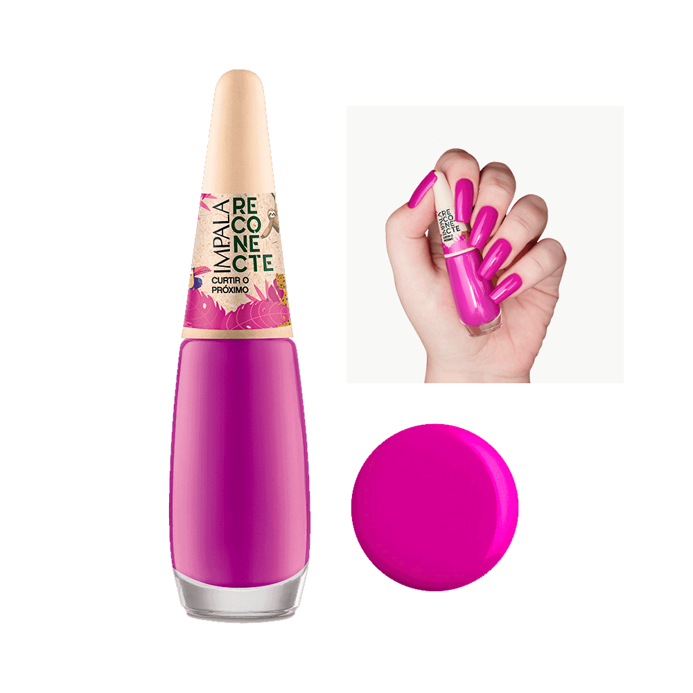 Esmalte Impala Reconecte Curtir o Próximo - frasco e amostra da cor rosa-púrpura