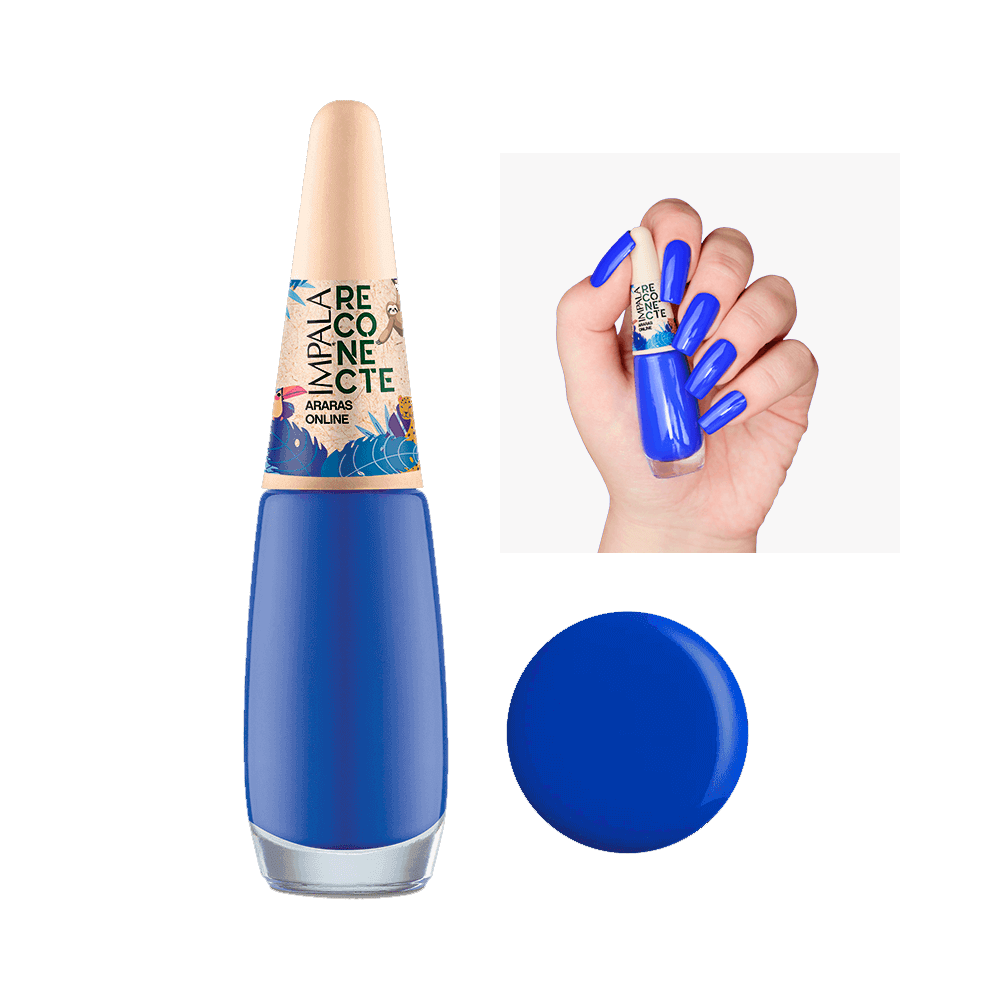 Esmalte Impala Reconecte Araras Online - frasco com unhas pintadas em tom azul vibrante