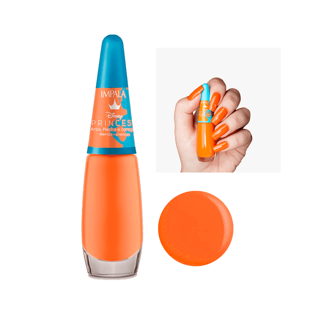 Esmalte Impala Disney Princesa Merida cor laranja cremoso com tampa azul