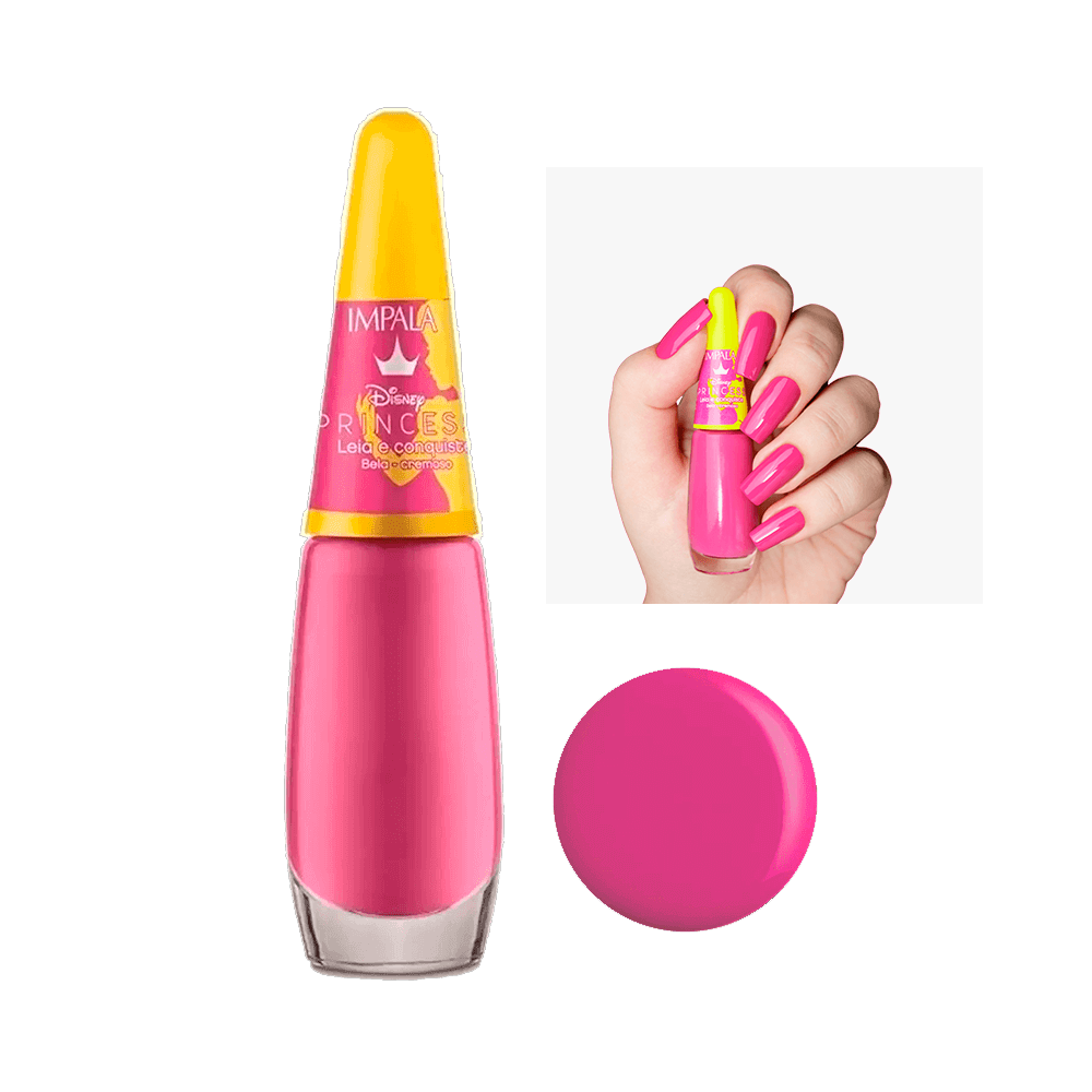 Esmalte Impala Disney Princesa Bela Leia e Conquiste - frasco e amostra da cor