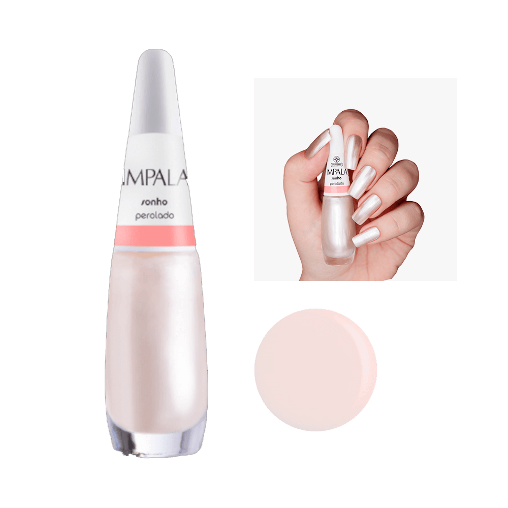 Esmalte Impala Perolado Sonho em frasco transparente com tampa branca, mostrando aplicação nas unhas