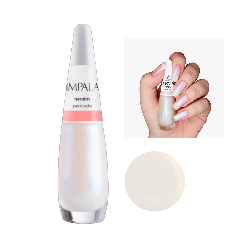 Esmalte Impala Perolado Neném - frasco e mão com unhas pintadas