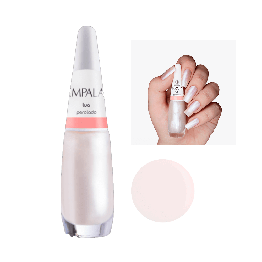 Esmalte Impala Perolado Lua - frasco e unhas pintadas mostrando brilho perolado