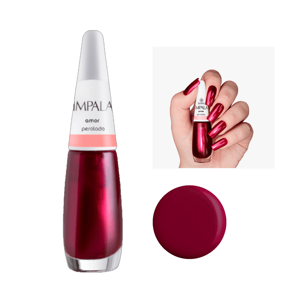 Esmalte Impala Perolado Amor frasco com amostra da cor vermelho perolado