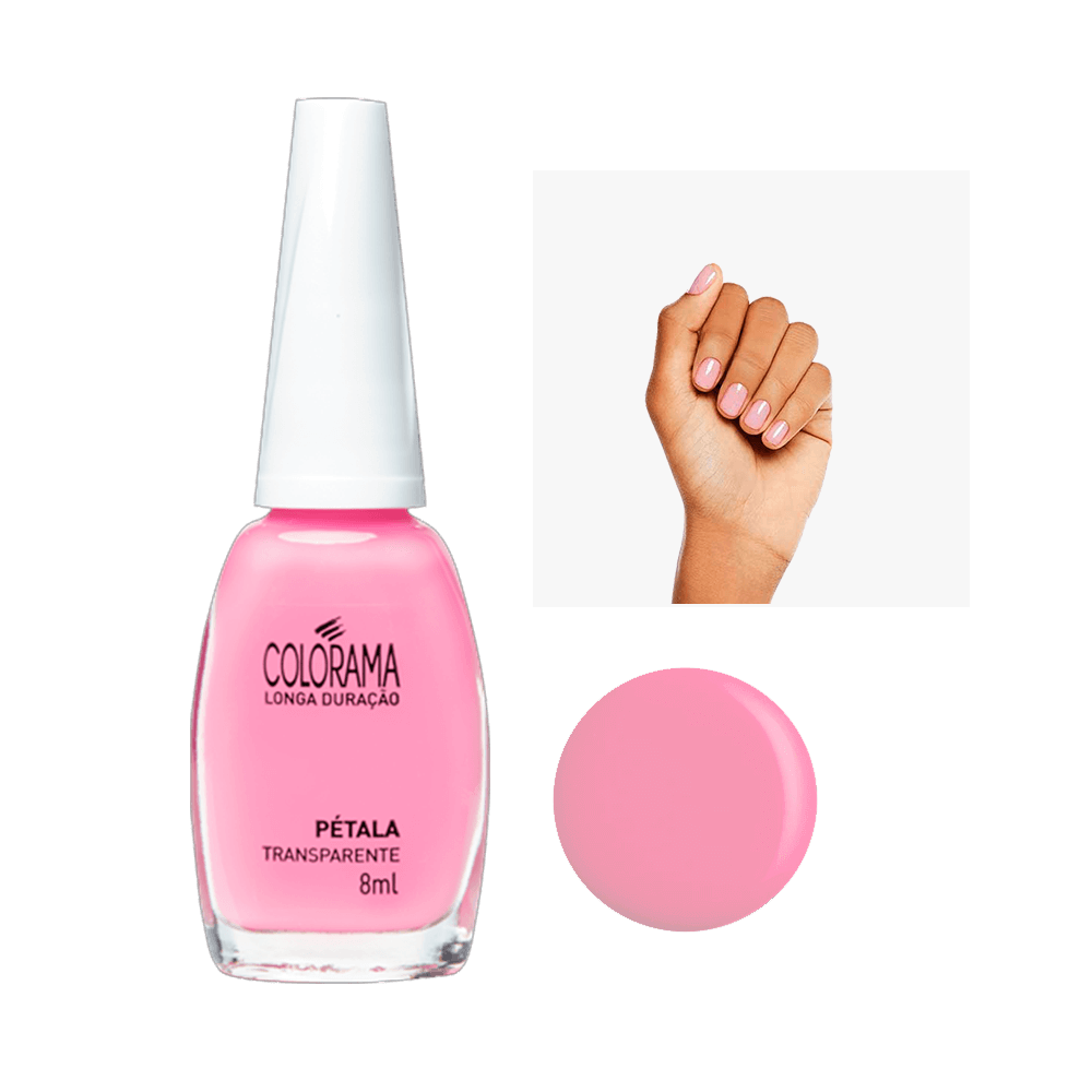 Esmalte Colorama Pétala Transparente 8ml - frasco e amostra da cor rosa translúcida