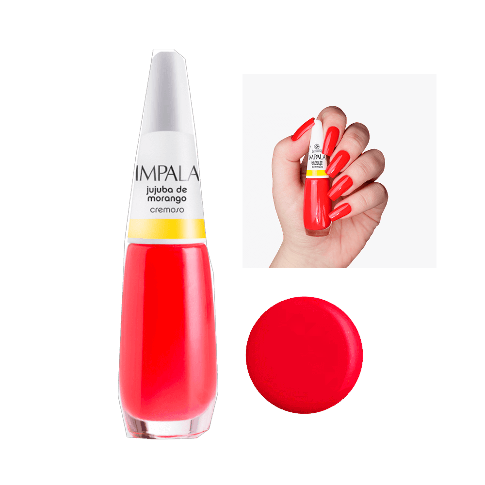 Esmalte Impala Jujuba de Morango - frasco e unha pintada