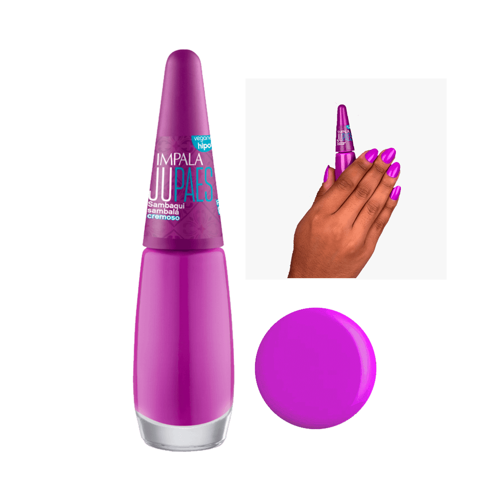 Esmalte Impala Ju Paes Sambaqui Sambala - frasco e amostra da cor roxa cremoso