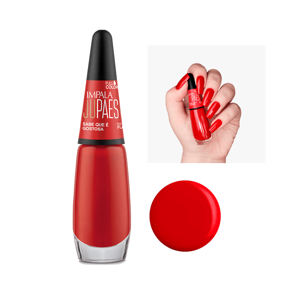Esmalte Impala Ju Paes 'Sabe que é gostosa' - frasco e amostra da cor vermelho intenso