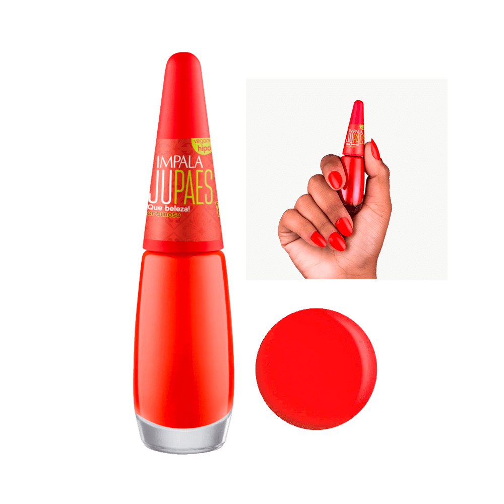 Esmalte Impala Ju Paes vermelho cremoso, embalagem com rótulo vegano e hipoalergênico